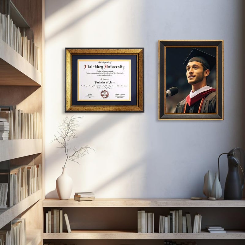 VIOLABBEY 8.5x11 Diploma Frame Black, 8.5 x 11 Certificate Frame with Mat or 11x14 College Degree Frames without Mat, Wall or Tabletop Display, Tempered glass (Red Gold Double Mat) - Image 3